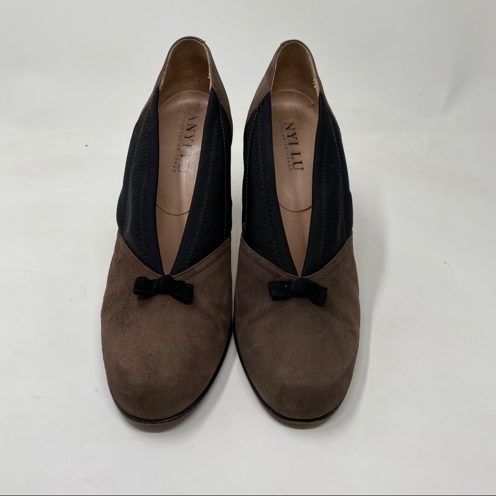 Anyi Lu Cookie Suede Heels Pumps Brown Black Bow 38 Size 8 - Picture 2 of 11